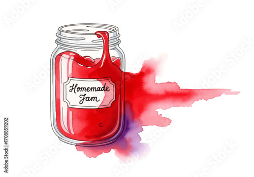Homemade Strawberry Jam in Glass Jar A Delicious Watercolor Illustration