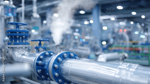 Metallic pipelines releasing controlled steam, factory equipment and valves in sharp focus, industrial precision and energy management highlighted