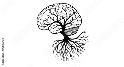 Conceptual illustration of a human brain merging with a tree and roots, symbolizing growth and knowledge.