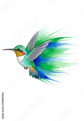 Watercolor Hummingbird in Flight Vibrant Illustration of a Tiny Bird with Blue, Green, and Teal Feathers