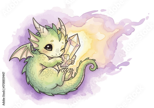 Charming little green dragon holding a bright, luminous crystal, evoking a sense of enchantment and mythical charm in a dreamy watercolor illustration