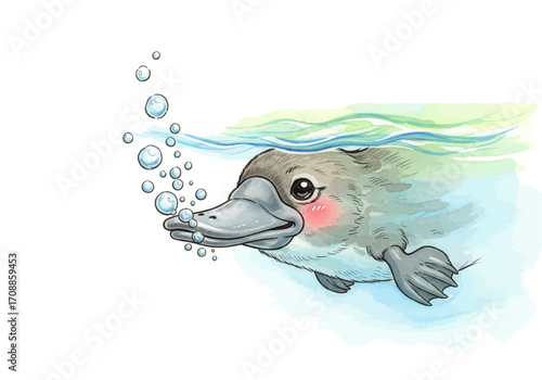 Playful Platypus Cartoon Swimming Underwater with Bubbles