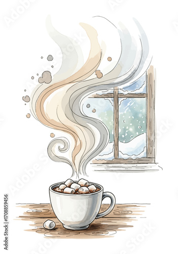 Cozy watercolor illustration of a steaming mug of hot chocolate with marshmallows, offering warmth against a snowy winter window view