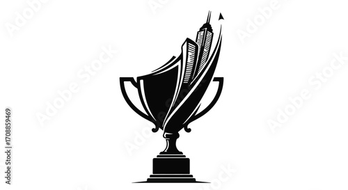 Trophy silhouette with city skyline emerging, symbolizing achievement and urban success.