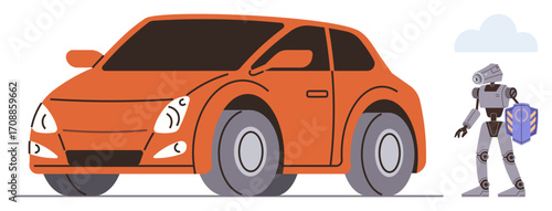 Orange compact car and humanoid robot holding a box, symbolizing automation, robotics, and automotive innovation. Ideal for transport, delivery systems, AI, robotics, autonomy manufacturing simple