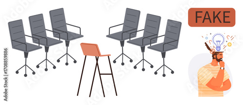 Six black office chairs and one differently colored chair arranged together, symbolizing individuality. Adjacent is a fake tag and a thinking person with an idea concept. Ideal for creativity