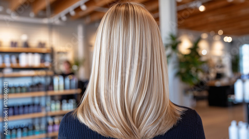 Woman with smooth light blonde hair, seen from behind, stylist at work, modern salon with shelves of hair care products in the background