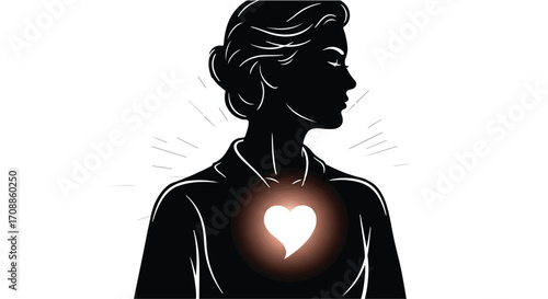 Silhouette of woman with glowing heart symbolizing compassion and inner strength