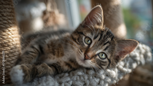 Wallpaper Mural Cute kitten stretched out on a scratching post, gentle sunbeams filtering through window blinds, bright and cozy interior, relaxed atmosphere Torontodigital.ca