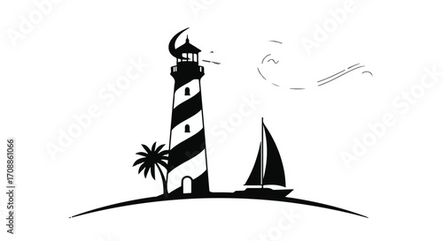 Iconic lighthouse stands tall on a coastal island beside a sailboat under a crescent moon.