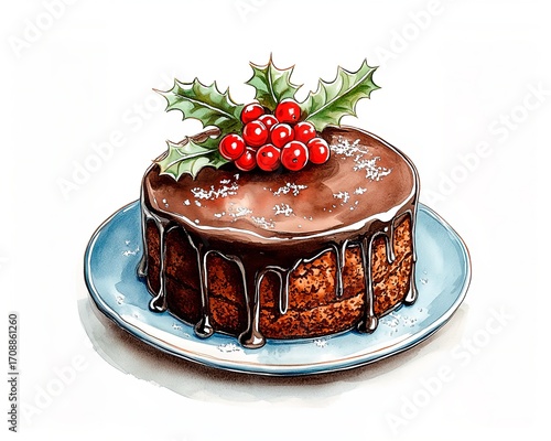 Christmas pudding with chocolate icing and holly decoration on a plate