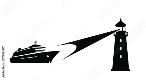 Ship guided by lighthouse beam towards safety