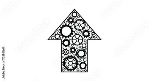 Upward arrow composed of interconnected gears symbolizes progress and mechanical advancement.