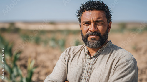 Portrait of a resilient farmer standing on arid farmland, dry earth and sparse withered crops, heatwaves and sunlight emphasizing climate-induced challenges