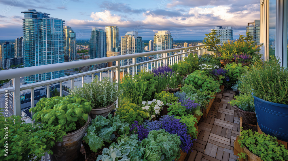 Fototapeta premium Vibrant potted herb garden on urban balcony, eco-friendly plant reuse, balcony railing lined with greenery, city skyline bathed in soft sunlight