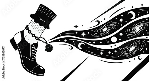 Whimsical journey as a foot steps forward, leaving a trail of galaxies and stars.