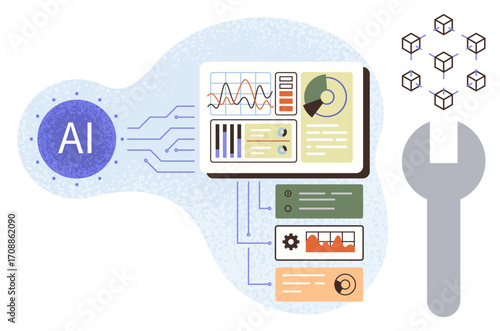 AI hub connected to data analytics dashboard, graphs, development tools, algorithm structures. Ideal for machine learning, automation, innovation, software, data science technology digital