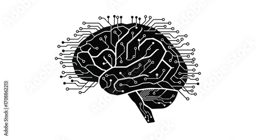 Abstract illustration of a human brain integrated with digital circuitry, symbolizing artificial intelligence and cognition.
