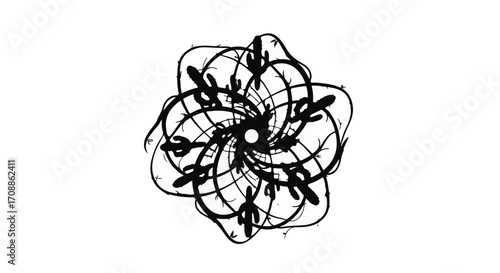 Intricate black ink mandala design with a central white dot on a clean white background.