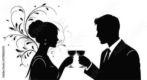 Elegant couple in silhouette toasting with wine glasses, celebrating a special occasion.