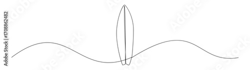 Surfboard Silhouette on Ocean Wave Line Art
