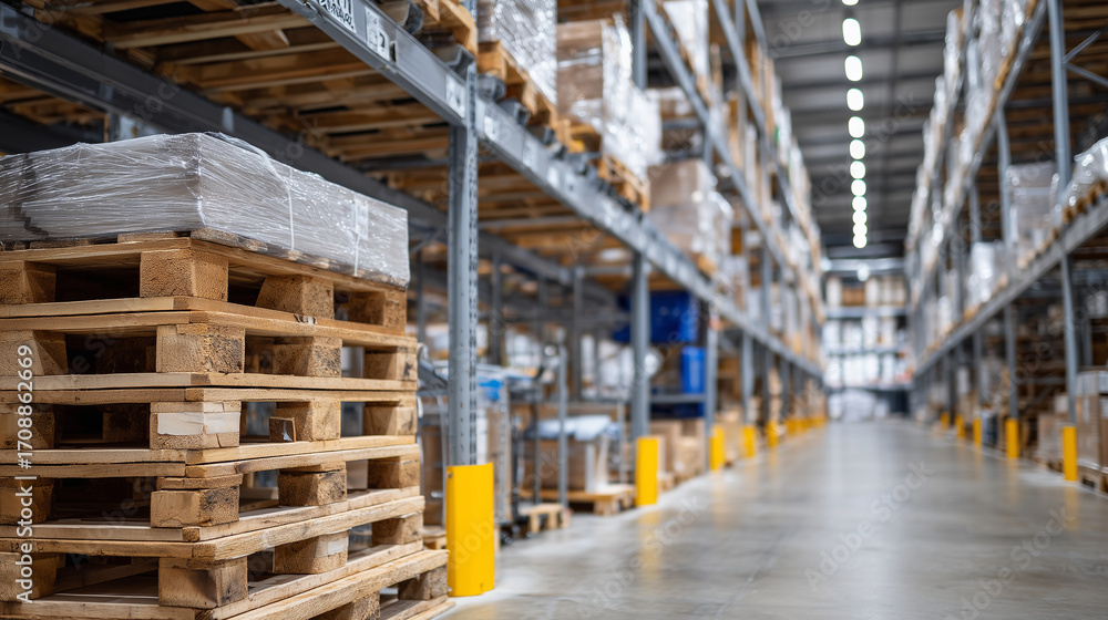 Naklejka premium Cargo crates stacked in a large logistics warehouse, wide-angle lens capturing endless rows and columns, perspective lines leading into distance