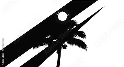 Bold silhouette of a tropical palm tree against a stark white background with dynamic diagonal lines and a glowing sun.