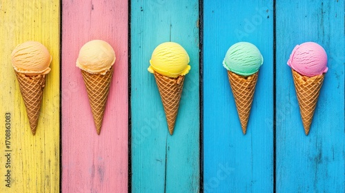 Colorful Ice Cream Cones on Vibrant Painted Wood