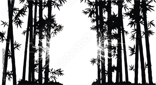 Silhouetted bamboo stalks with delicate leaves and light filtering through