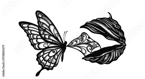 Ornate butterfly transforms into swirling leaves and foliage in a black and white artistic illustration.