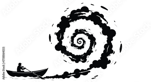Person rowing a boat through a dark swirling vortex