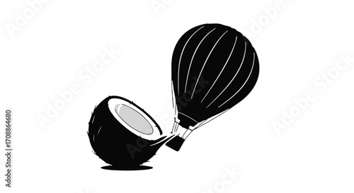 Creative hot air balloon emerges from a split coconut, symbolizing adventure and tropical escape.