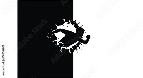 Dynamic silhouette of a person breaking through a black and white barrier, symbolizing power and breakthrough.