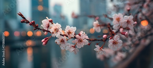Fototapeta Naklejka Na Ścianę i Meble -  Beautiful cherry blossom branch in spring with blurred city lights background stock photo wallpaper image