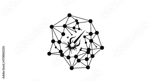 Abstract network of interconnected points with a burst of energy at the center.
