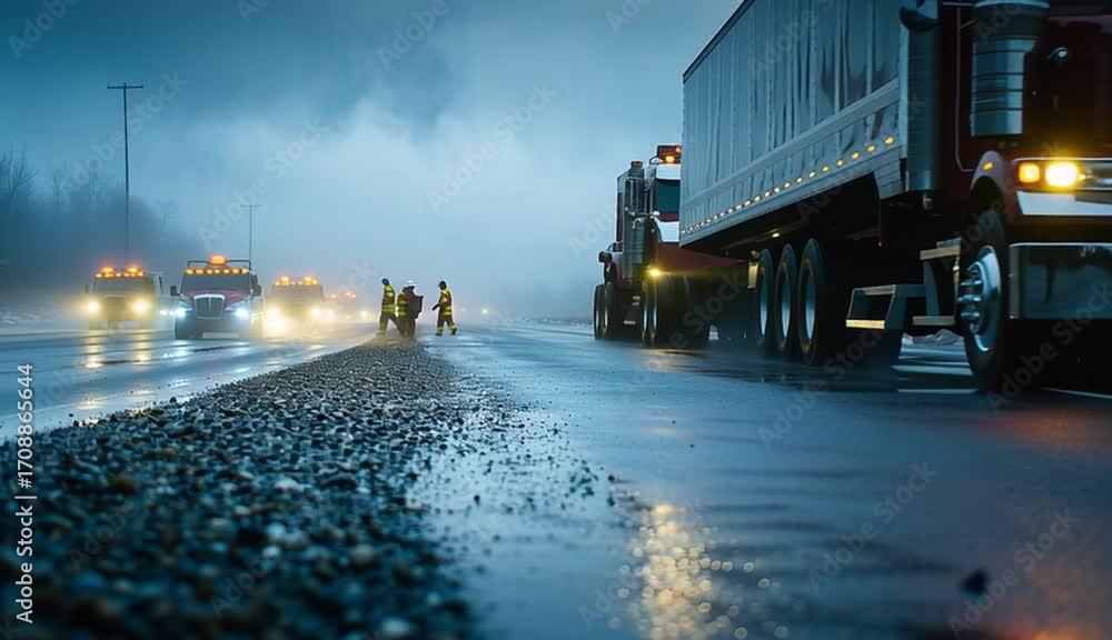 Semi-truck on road with emergency vehicles and personnel. Roadside ...