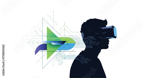 Man experiencing virtual reality with futuristic digital graphics overlaying his silhouette