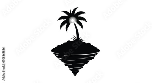 Silhouette of a solitary palm tree on a floating island with a glowing orb, evoking a sense of mystery and escape.