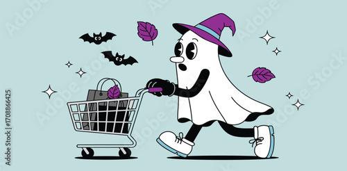 Spooky Shopping Spree Ghost with Cart on Halloween with Bats