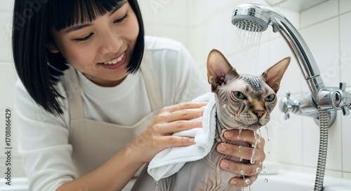 Cat bathing session in a bright bathroom with a woman caring for a sphynx cat