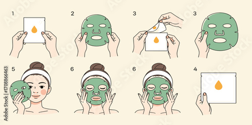 Illustrated step-by-step instructions for applying a cosmetic facial sheet mask for a relaxing home skincare routine