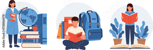 Education Students Reading Books, Studying, and Learning