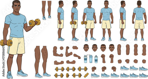 Vector character design kit of a fit Black man exercising with dumbbells. Includes various poses, body parts, and expressions for health and fitness-themed projects