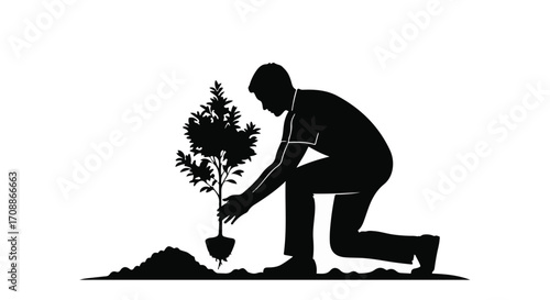 Man planting a small tree in soil, symbolizing growth and environmental care