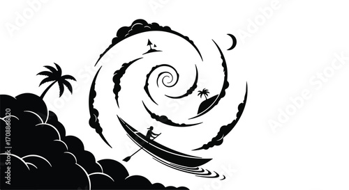 Person in canoe navigates a swirling vortex of clouds and waves towards a distant island.