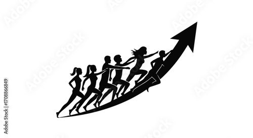 Diverse group of people running upwards on an arrow graph symbolizing success and teamwork.