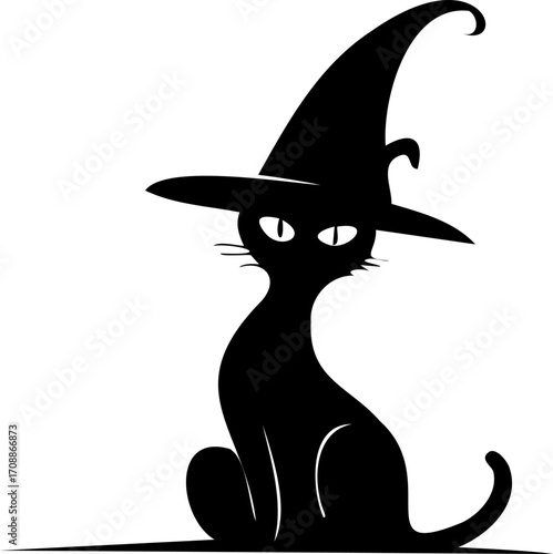 Black silhouette of a cat in a hat on a Halloween theme. Vector illustration