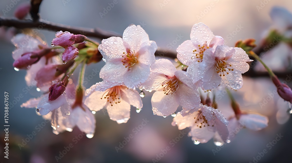 Obraz premium Close up of cherry blossom flowers with water droplets perfect for spring nature background wallpaper design