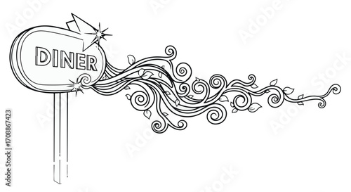 Retro diner sign with whimsical floral swirls, inviting and nostalgic.