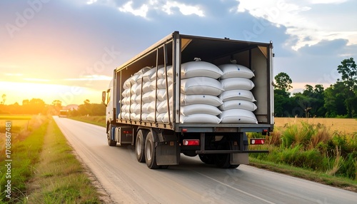 Truck transporting rice bags on road